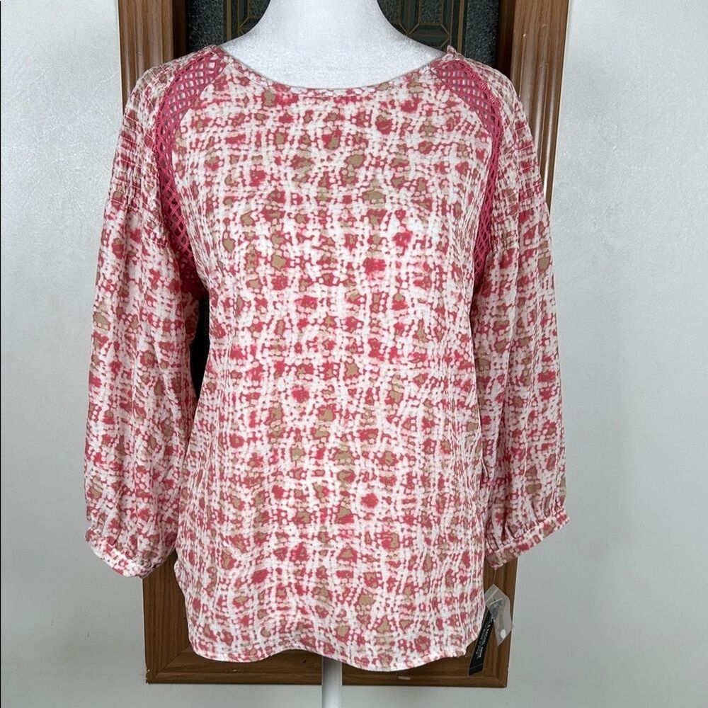 Zac & Rachel Blouse Womens Petite Large Crochet 3/4 Sleeve Top Frida Peach Chino